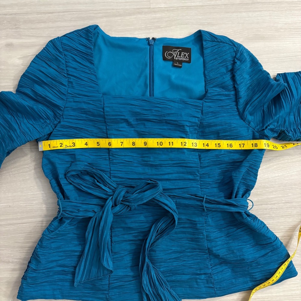 Alex Evenings Top Womens Teal Blue Textured Tie Waist Square Neck Blouse Top L - Picture 6 of 14